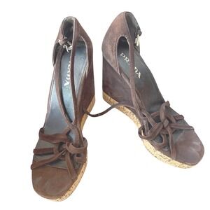 Prada Wedge Sandals Brown Suede Platform Cork Strappy Buckle 8.5
